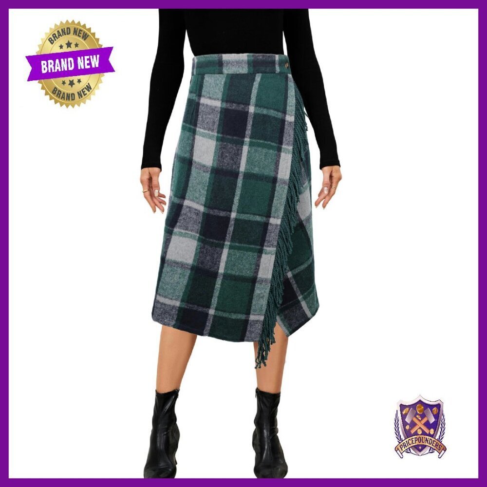 Wool Blend Wrap Skirt with Fringe Trim, Midi A-Line, Size XS